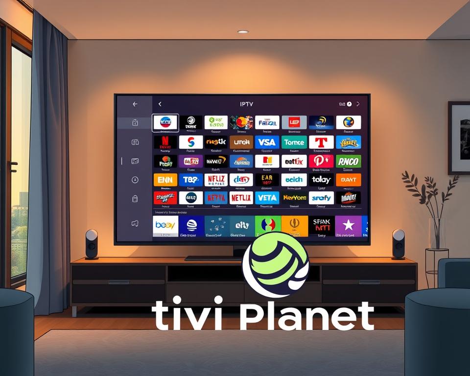 A detailed and realistic digital illustration of a large flat-screen television display showcasing a comprehensive IPTV channel guide or "senderliste" interface. The TV is situated in a modern, minimalist living room setting with warm, ambient lighting from a nearby window. The display shows a clean, well-organized layout of numerous IPTV channels, with high-quality, vibrant graphics and icons. In the foreground, the Tivi Planet brand logo is prominently featured, indicating this is a premium IPTV service. The overall scene conveys a sense of technological sophistication, media entertainment, and the convenience of having a wide selection of television content at one's fingertips.