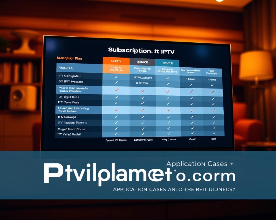 A detailed comparison of IPTV subscription plans displayed on a sleek, modern digital device. The screen showcases a side-by-side layout highlighting key features, pricing, and service details from leading IPTV providers. The scene is bathed in warm, inviting lighting, creating a professional, informative atmosphere. The device is prominently featured, with clean, minimalist branding for "tiviplanet.com" visible. This visually compelling image effectively conveys the IPTV application cases and target audience information for the article.