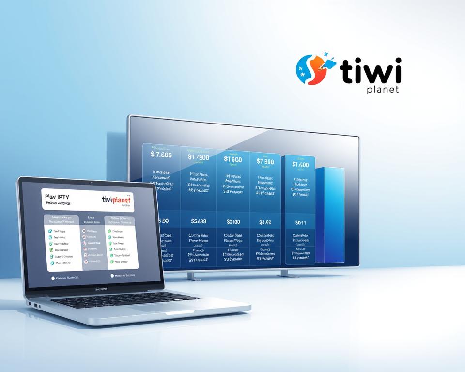 A detailed comparison of IPTV subscription plans laid out in a sleek, minimalist style. The foreground features a row of laptop screens displaying various IPTV provider packages, their prices, and feature sets, with a clean and readable typography. The middle ground shows a large, glossy bar chart visualizing the pricing data, accentuated by subtle highlights and reflections. The background has a soft, out-of-focus gradient in shades of blue and grey, evoking a professional, tech-savvy atmosphere. The Tivi Planet brand is prominently displayed in the corner, lending an authoritative presence to the scene. Crisp, high-resolution rendering with balanced lighting and a polished, contemporary aesthetic.