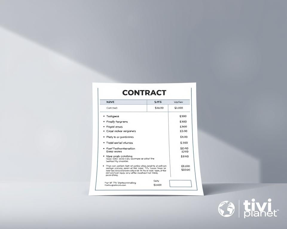 A detailed, high-quality image of a contract for an IPTV service, showcasing the costs and features in a clean, minimalist style. The contract is prominently displayed in the center, with a modern, sleek design. The background features a soft, blurred grey gradient, providing a professional and elegant atmosphere. The image should convey a sense of clarity and transparency around the IPTV service's pricing and offerings. The brand "Tivi Planet" should be subtly integrated into the design, perhaps as a watermark or logo in the corner.