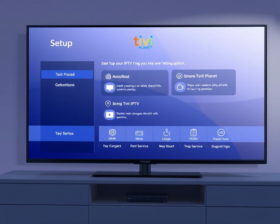 A detailed modern smart TV interface, featuring the Tivi Planet brand, displaying the setup process for an IPTV service. The screen shows various configuration options, with intuitive menus and clear icons guiding the user through the steps. The overall scene has a sleek, minimalist aesthetic with soft lighting, subtle gradients, and a clean, uncluttered layout. The user interface elements are well-designed and visually appealing, creating a seamless and user-friendly experience for setting up IPTV on the Tivi Planet smart TV.