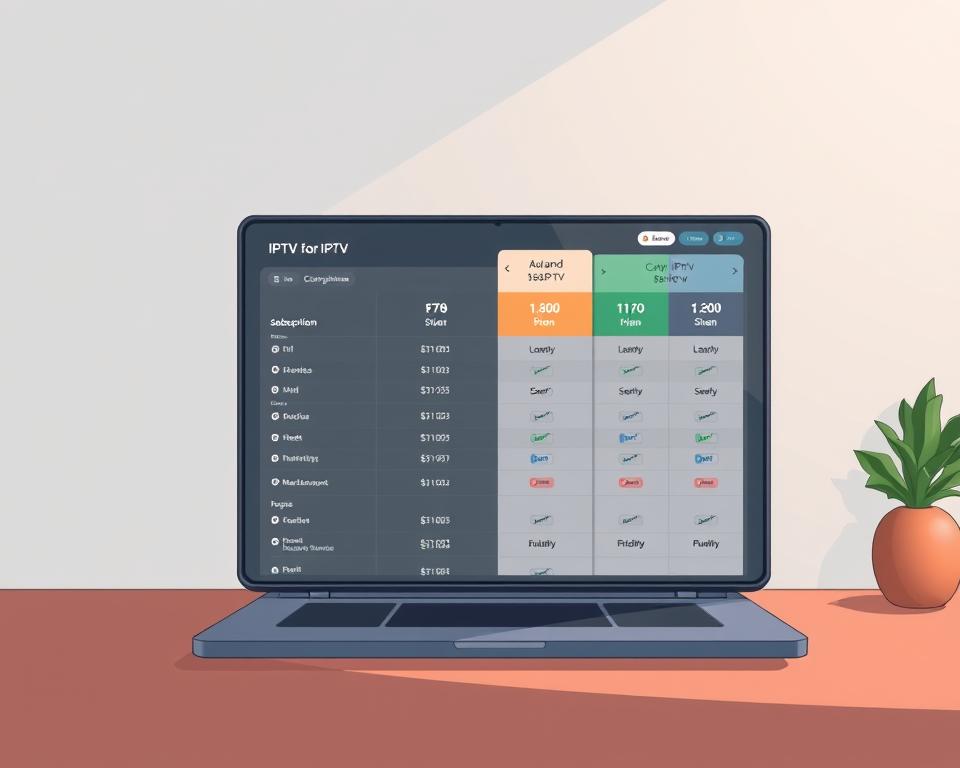 A detailed product comparison of IPTV plans and pricing, showcasing various subscription options from the leading provider Tivi Planet. The foreground features a sleek, minimalist dashboard displaying a side-by-side comparison of IPTV plans, with clean typography and subtle color accents. The middle ground highlights a laptop or tablet device, subtly referencing the online research and purchase process. The background sets a serene, neutral tone with soft lighting, allowing the product information to take center stage. The overall mood conveys a sense of efficiency and clarity, guiding the viewer through the process of finding the most cost-effective IPTV solution.