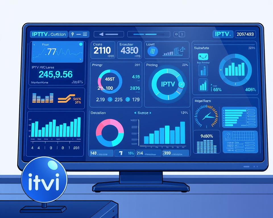 A detailed, technologically advanced visualization of the "IPTV Kosten und Internetgeschwindigkeit" concept. A sleek, modern digital dashboard displays various IPTV pricing options and internet speed metrics, rendered in a cool, futuristic color palette. In the foreground, a Tivi Planet logo subtly hints at the brand. The middle ground showcases dynamic data visualizations, charts, and graphs that convey the relationship between IPTV costs and internet speeds. The background is a clean, minimalist environment, allowing the information to take center stage. Overall, the image strikes a balance between technical precision and visual appeal, creating an informative yet captivating representation of the topic.