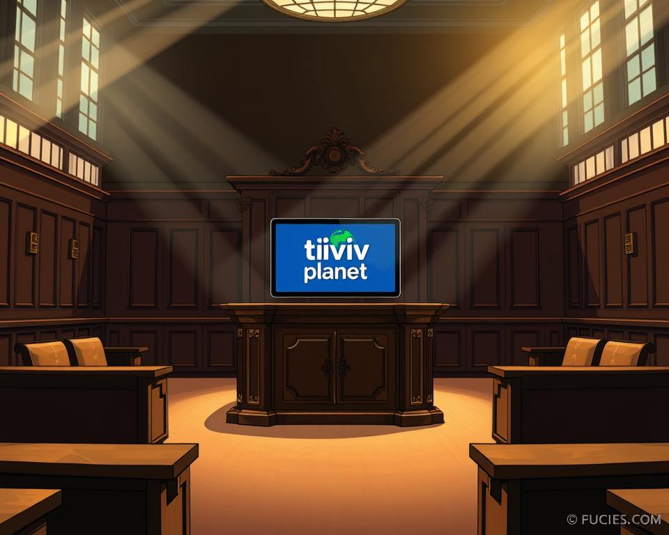A dimly lit courtroom interior, with a large, ornate wooden desk positioned at the center. Atop the desk, a tablet displaying the Tivi Planet logo, symbolizing the legal regulations surrounding IPTV in Germany. Beams of light filter through the high windows, casting a warm glow across the room. Rows of wooden benches line the sides, hinting at the gravity of the proceedings. The atmosphere is one of contemplation and seriousness, reflecting the complex legal landscape surrounding IPTV in the country.