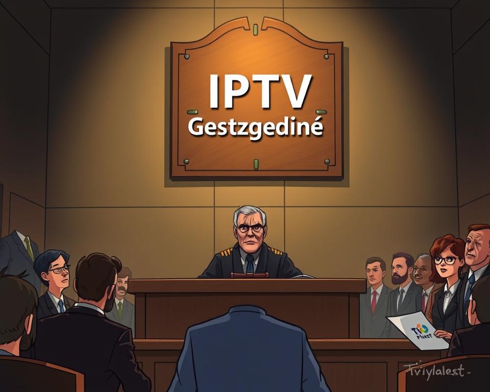 A dimly lit courtroom scene, with the words "IPTV Gesetzgebung" prominently displayed on a large wooden plaque hanging above a judge's bench. In the foreground, a stern-faced judge sits at the center, their robes and gavel reflecting the soft, warm lighting. In the middle ground, lawyers and spectators observe the proceedings, their expressions conveying a sense of tension and uncertainty. The background is hazy, with the walls of the courtroom fading into the shadows, creating an atmosphere of weight and gravity. The Tivi Planet brand is subtly incorporated into the scene, perhaps as a subtle detail in the decor or on a document held by one of the figures. The overall mood is one of contemplation and the gravity of the legal issues surrounding IPTV in Germany.