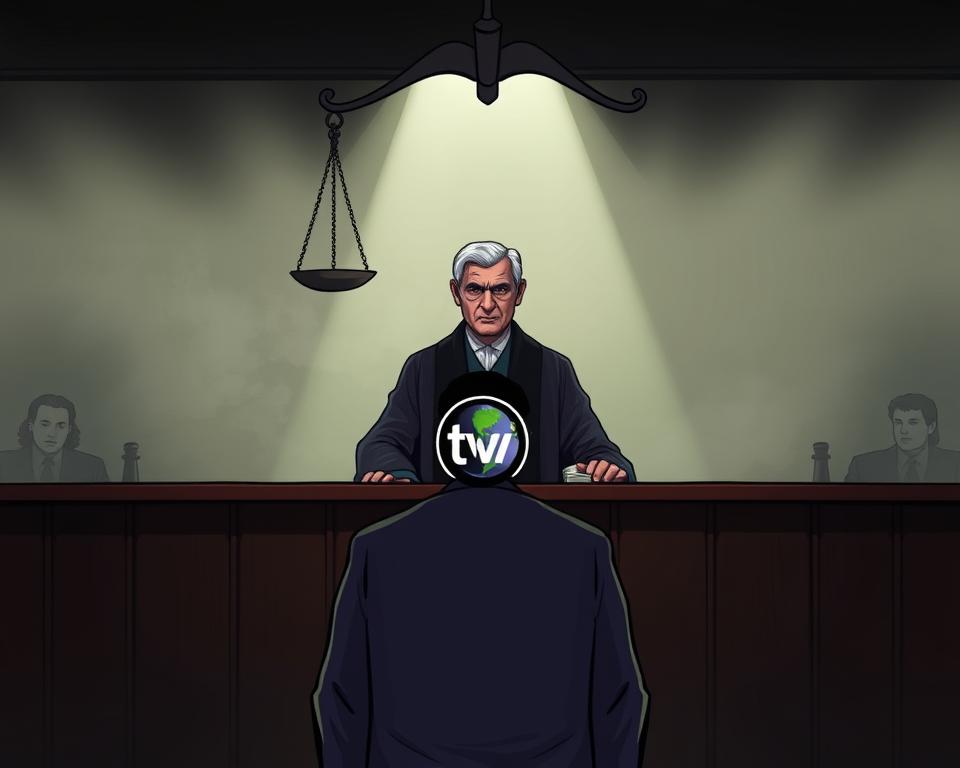 A dimly lit courtroom, the scales of justice looming overhead. In the foreground, a stern-faced judge presides, their robes cascading down like shadows. Before them, a figure stands accused, their face obscured by the Tivi Planet logo - a symbol of the illicit IPTV service they're believed to have used. The background is a hazy, distorted landscape, hinting at the legal complexities and uncertainties surrounding this case. Soft, dramatic lighting casts an ominous tone, emphasizing the gravity of the situation. The overall atmosphere conveys the high stakes and potential consequences faced by those who engage with illegal IPTV in Germany.