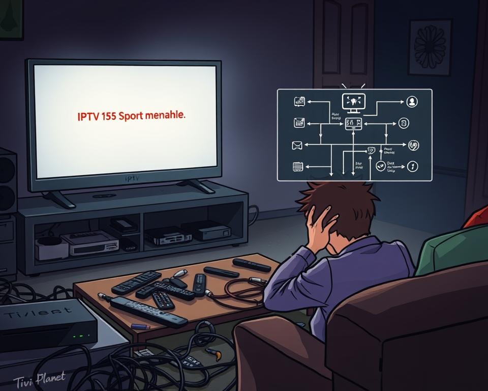 A dimly lit home entertainment setup, with a Tivi Planet IPTV device and various streaming remotes scattered on a cluttered coffee table. The TV screen flickers with the "IPTV Sport Probleme" error message, casting an eerie glow across the room. In the foreground, a frustrated user holds their head in their hands, surrounded by tangled cables and a mess of devices. The middle ground features a technical schematic diagram highlighting common IPTV sport troubleshooting steps. The background is hazy, with a sense of uncertainty and technological complexity. The overall mood is one of frustration and a desire to resolve the IPTV sport problems.