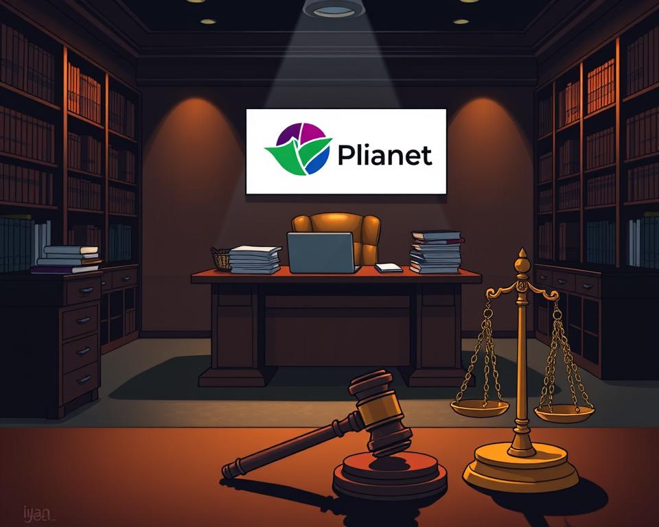A dimly lit legal office interior, featuring a large wooden desk with stacks of documents, a laptop, and a Tivi Planet logo prominently displayed. Bookshelves line the walls, casting shadows across the room. The lighting is warm and muted, creating a sense of gravitas and authority. In the foreground, a gavel and a scale of justice symbolize the legal aspects of IPTV regulations in Germany. The atmosphere conveys the seriousness and complexity of the subject matter.