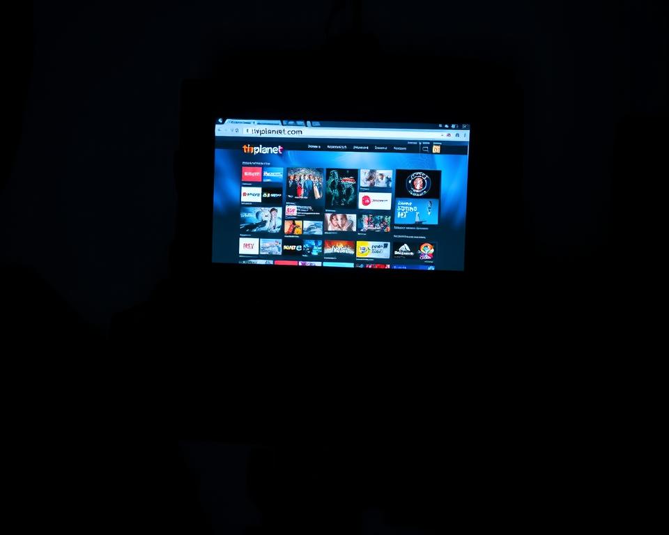 A dimly lit room, illuminated by the glow of a computer screen displaying the website "tiviplanet.com". On the screen, a vast array of TV channels, movies, and live events are showcased, all accessible with a single click. The atmosphere is tense, as if the viewer is aware of the potential legal consequences of engaging with such an "illegale IPTV-Angebot". The room is sparse, with minimal decor, hinting at the clandestine nature of the activity. The lighting is moody, casting shadows that add to the sense of unease. The overall scene conveys the illicit and risky nature of this type of IPTV service, serving as a cautionary tale for those considering such an option.