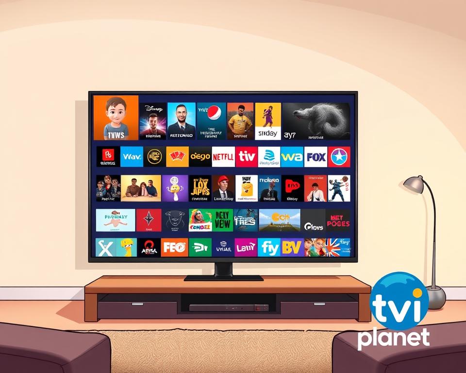 A diverse array of IPTV channels displayed on a sleek, modern television set, the Tivi Planet logo prominently featured in the bottom right corner. The screen showcases a vibrant and captivating selection of content, ranging from news and sports to movies and entertainment. The television is situated in a minimalist, well-lit living room, with soft, warm lighting creating a cozy and inviting atmosphere. The overall scene conveys a sense of abundance and versatility in the IPTV offerings, reflecting the "Inhalte und Programmvielfalt" section of the article.