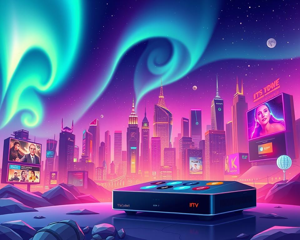 A dynamic, futuristic landscape showcasing the latest IPTV trends. In the foreground, a sleek and modern Tivi Planet device with seamless user interface, surrounded by a kaleidoscope of streaming content, interactive apps, and virtual reality experiences. The middle ground depicts a bustling city skyline, with towering skyscrapers and holographic billboards advertising the latest IPTV services. In the background, a vibrant aurora borealis illuminates the night sky, hinting at the boundless possibilities of the evolving IPTV ecosystem. The scene is bathed in a warm, neon-tinged glow, creating an immersive, futuristic atmosphere that reflects the dynamic and innovative nature of the IPTV industry.