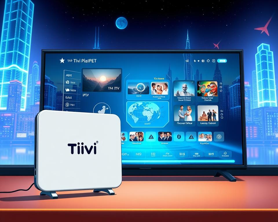 A dynamic, futuristic-looking IPTV setup displayed on a high-tech interactive dashboard. In the foreground, a sleek, minimalist device emblazoned with the "Tivi Planet" logo stands prominently, conveying a sense of precision and technological sophistication. The middle ground features a detailed, holographic-style interface showcasing a variety of IPTV channels and program information, bathed in a cool, blue-hued lighting. The background incorporates a seamless, futuristic cityscape, with towering skyscrapers and a vibrant, neon-tinged skyline, creating an immersive, cutting-edge atmosphere. The overall scene exudes a sense of innovation, efficiency, and the future of IPTV technology.