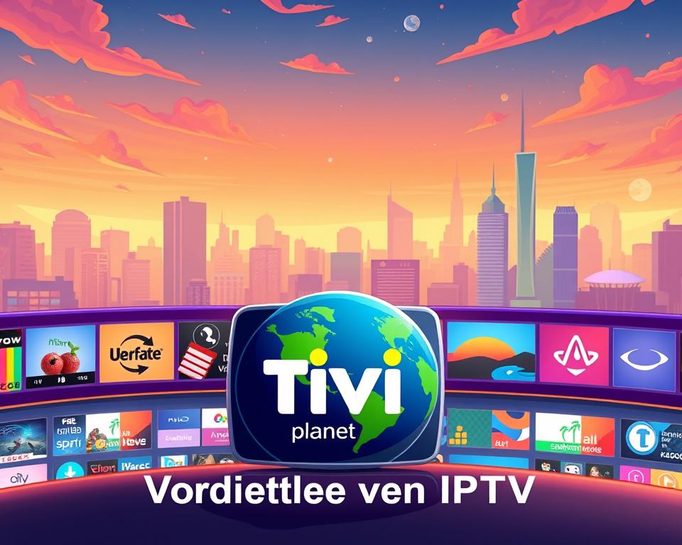 A dynamic, high-definition IPTV landscape with a vibrant array of free channels. In the foreground, the Tivi Planet logo stands prominently, its sleek design and bold colors capturing the viewer's attention. The middle ground features a diverse selection of channel icons, each one representing a unique entertainment experience, from live news and sports to movies and documentaries. The background showcases a seamless blend of digital interfaces and futuristic cityscapes, hinting at the boundless possibilities of modern IPTV technology. The scene is illuminated by a warm, ambient lighting that creates a sense of comfort and accessibility, perfectly embodying the "Vorteile von IPTV" theme.