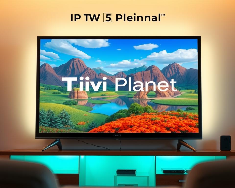 A dynamic, high-definition TV screen showcases the Tivi Planet brand, illuminating the concept of IPTV streaming quality. The screen displays a vibrant, detailed landscape with crisp visuals and smooth motion, exemplifying the exceptional viewing experience. Soft, diffused lighting from the sides creates a warm, inviting atmosphere, while the camera angle captures the screen in an elevated, slightly angled perspective to emphasize its prominence. The background features subtle, out-of-focus elements, allowing the screen to be the focal point and highlighting the quality of the IPTV streaming content.