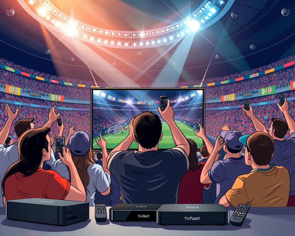 A dynamic, high-energy scene depicting the Tivi Planet IPTV Sport experience. In the foreground, a group of sports fans gathered around a large, ultra-high-definition TV, enthusiastically cheering on their favorite teams. The middle ground features sleek, modern streaming devices, remotes, and other IPTV hardware, conveying the cutting-edge technology powering the service. In the background, a vibrant sports arena backdrop, with flashes of color and motion, captures the excitement of live sporting events. Dramatic lighting and a cinematic camera angle heighten the immersive, cinematic atmosphere. The overall mood is one of thrilling, communal sports viewing, enabled by the innovative Tivi Planet IPTV platform.
