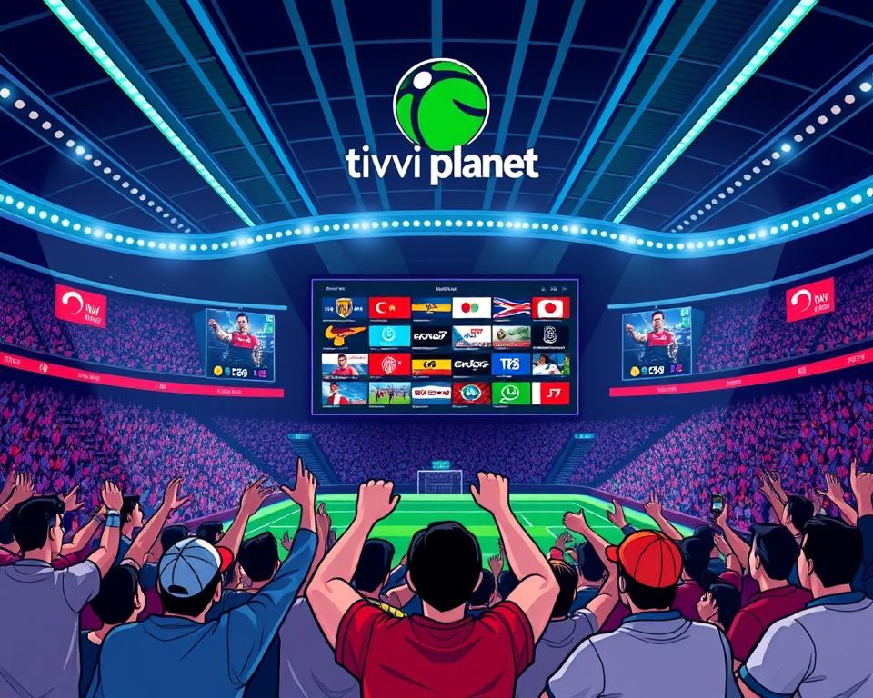 A dynamic sports arena in vibrant colors, with the Tivi Planet brand prominently displayed. In the foreground, a group of passionate fans cheering on their favorite teams, their excitement palpable. The middle ground features a large screen displaying various IPTV M3U sport channels, showcasing the diverse range of live events available. The background depicts a modern, high-tech setting with sleek lighting and futuristic architecture, hinting at the cutting-edge technology powering the IPTV M3U experience. The overall scene conveys the thrill and immersion of sports streaming, catering to the needs of devoted fans.