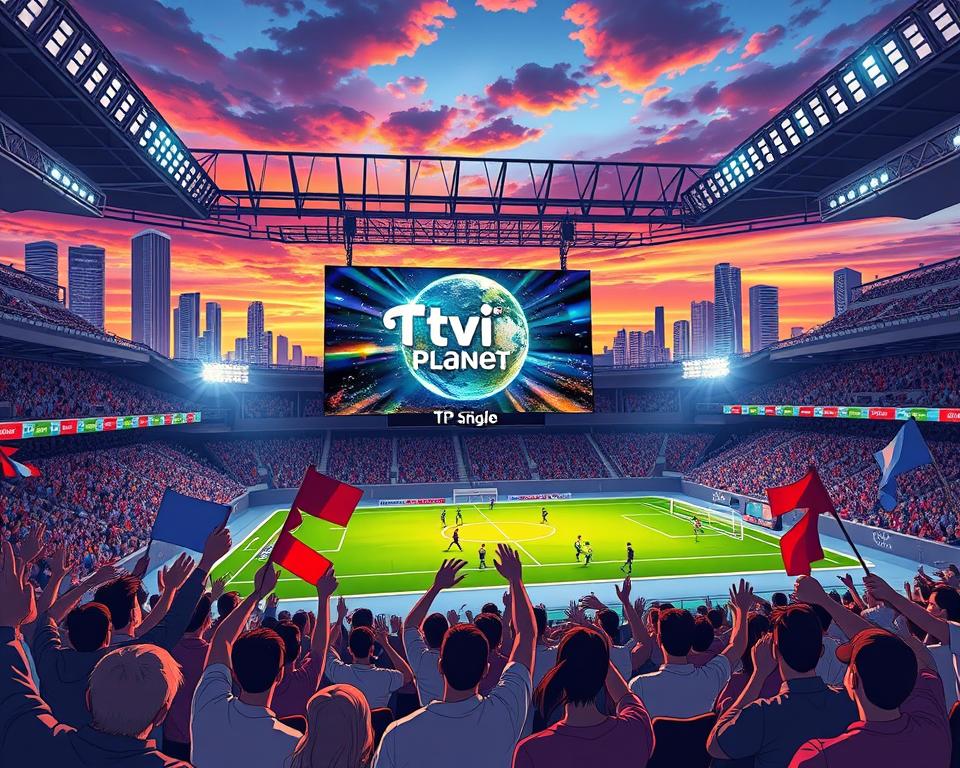 A dynamic sports arena with a large LED screen displaying the "Tivi Planet" brand, showcasing a variety of IPTV sports content. In the foreground, enthusiastic fans cheer and wave flags, immersed in the electric atmosphere. The middle ground features athletes competing on a well-lit playing field, their movements captured in a cinematic wide-angle shot. The background is a futuristic skyline with towering skyscrapers and a vibrant, colorful sunset, evoking a sense of modern, high-tech entertainment. The lighting is crisp and dramatic, emphasizing the intensity of the sports action and the energy of the crowd.