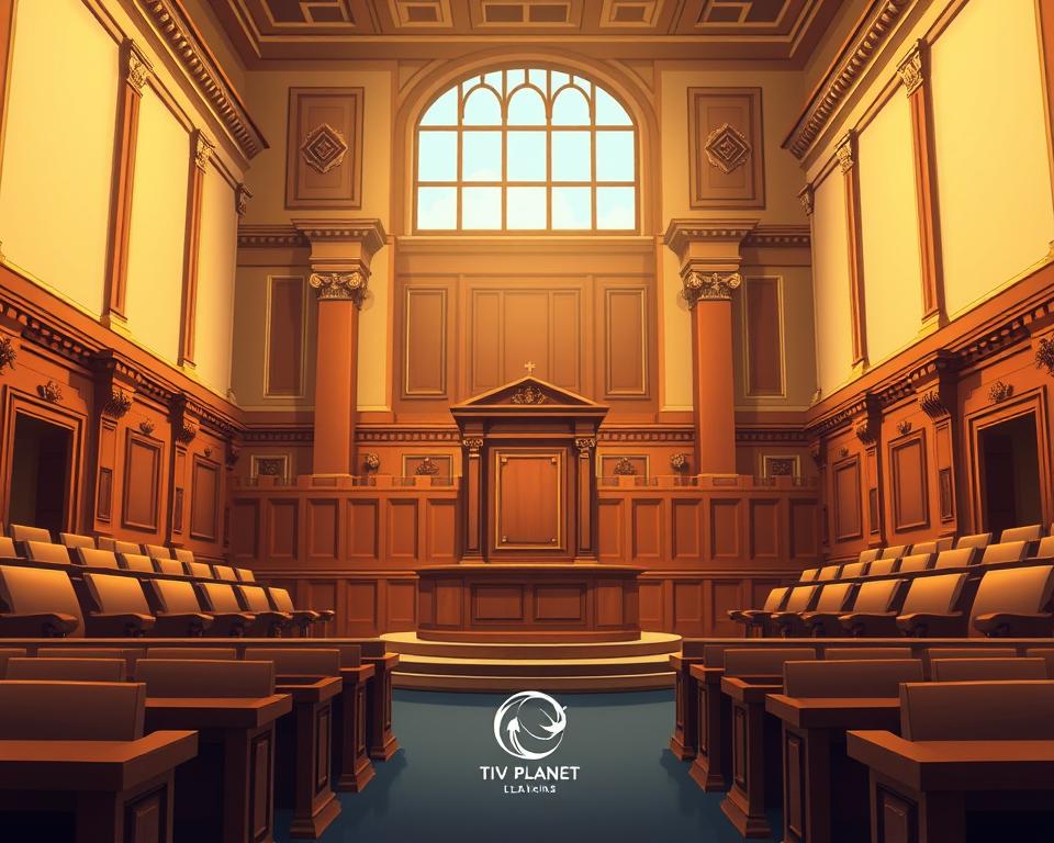 A formal legislative chamber with imposing architecture, illuminated by soft, warm lighting. The focal point is a majestic podium, symbolizing the authority and gravity of IPTV legislation. Surrounding the podium are rows of polished wooden benches, evoking a sense of structure and order. The walls are adorned with ornate moldings and intricate carvings, conveying a sense of history and tradition. In the background, a large window offers a glimpse of the outside world, hinting at the wider societal implications of the IPTV laws being debated. The mood is one of solemn contemplation, befitting the weighty subject matter. A subtle Tivi Planet logo is visible, discreetly placed to acknowledge the article's source.