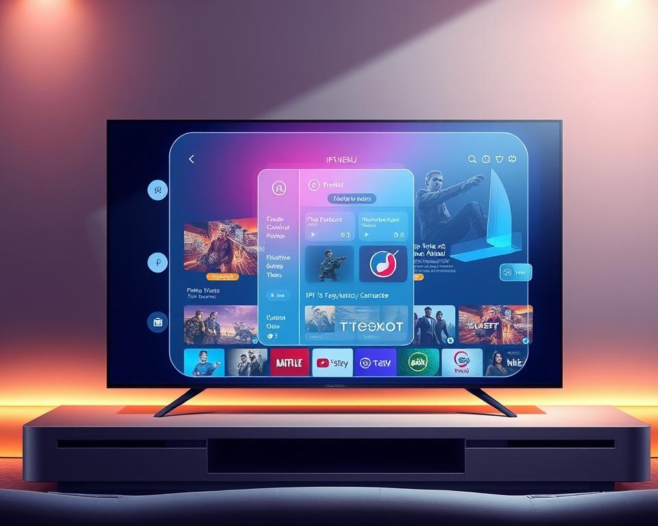 A futuristic IPTV app interface for Tivi Planet, showcasing the latest advancements in connected TV technology. Set against a sleek, minimalist backdrop, the app's intuitive dashboard displays a vibrant grid of content tiles, each pulsing with rich, cinematic imagery. In the foreground, a holographic menu hovers, its translucent controls and icons offering a seamless, gesture-based navigation experience. Subtle, ambient lighting bathes the scene, creating a sense of depth and immersion. The overall tone is one of cutting-edge innovation, blending digital elegance with a vision of the app's evolving capabilities in the years to come.