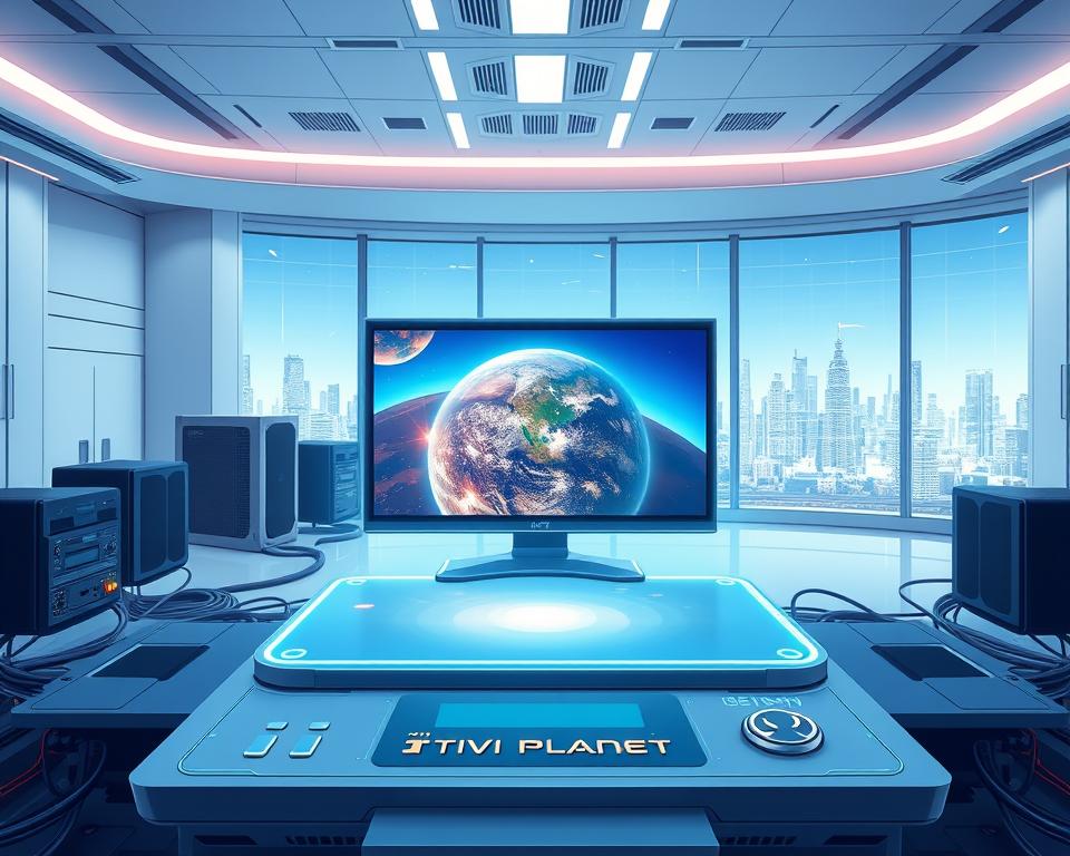 A futuristic IPTV technology showcase featuring Tivi Planet. In the foreground, a sleek, holographic display projects a vivid, high-definition image. Surrounding it, a minimalist control panel with touch interfaces and indicator lights. In the middle ground, a network of interconnected hardware components, cables, and cooling systems convey the sophisticated infrastructure powering the IPTV system. The background depicts a clean, modern interior with large windows offering a panoramic view of a gleaming, high-tech cityscape. The scene is bathed in a cool, bluish-white lighting that highlights the advanced, cutting-edge nature of the Tivi Planet IPTV solution.