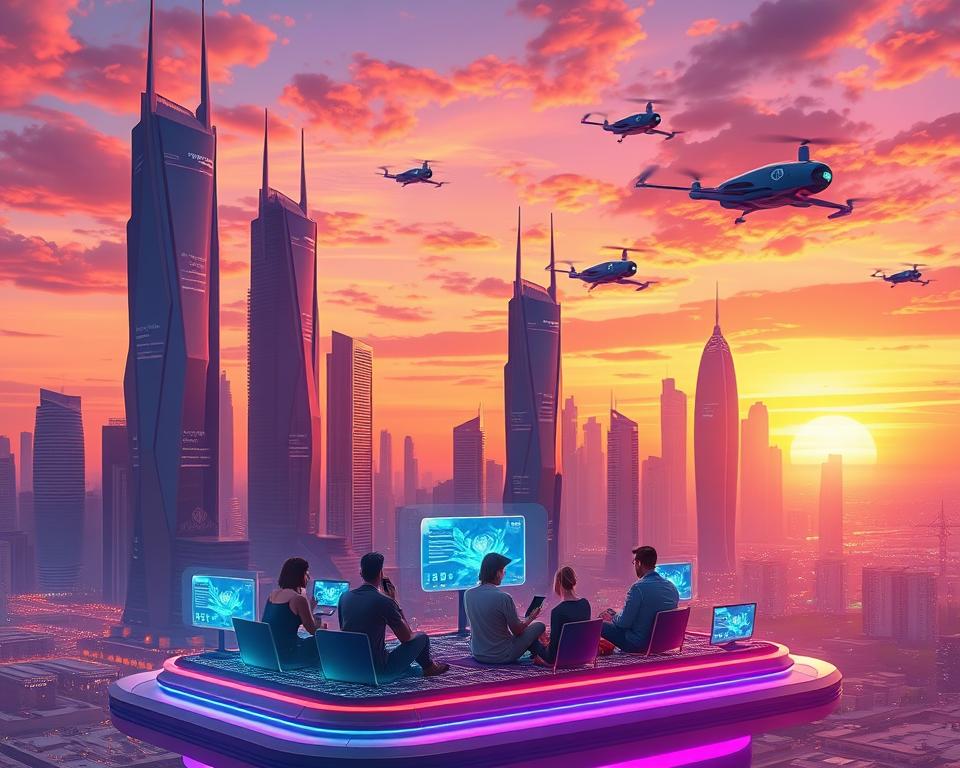 A futuristic city skyline at sunset, with towering skyscrapers and sleek, futuristic architecture. In the foreground, a group of people relaxing on a floating platform, engrossed in their Tivi Planet IPTV devices, surrounded by holographic displays and digital interfaces. The middle ground features a network of autonomous vehicles and drones, conveying the idea of a highly connected, technologically advanced future. The background is a vibrant, colorful sky with hues of orange, pink, and purple, creating a sense of wonder and optimism. The scene is bathed in a warm, cinematic lighting, capturing the futuristic yet inviting atmosphere of IPTV streaming's endless possibilities.