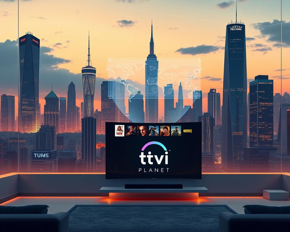 A futuristic cityscape at dusk, with towering skyscrapers and holographic displays illuminating the skyline. In the foreground, a sleek, minimalist living room features a large OLED TV displaying the Tivi Planet logo, showcasing the future of IPTV entertainment. The room is bathed in warm, ambient lighting, creating a cozy and immersive atmosphere. Floating above the TV, a holographic interface displays movie titles and streaming options, hinting at the seamless integration of IPTV technology into the smart home of the future. The scene conveys a sense of technological advancement and the evolution of the IPTV experience.