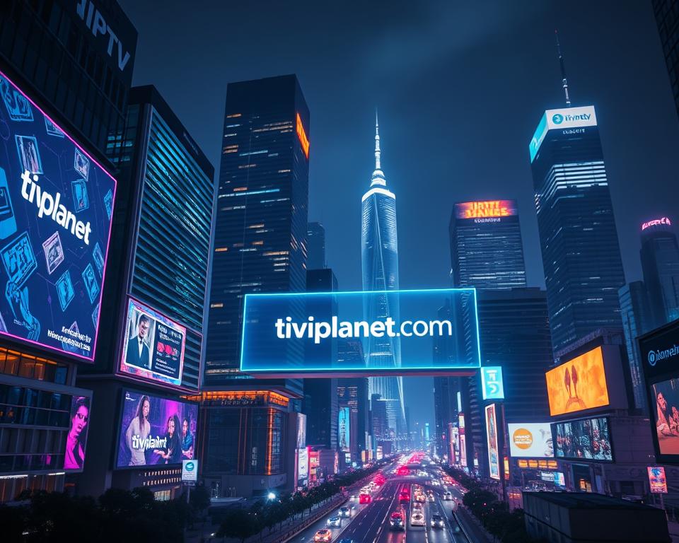 A futuristic cityscape at night, illuminated by the soft glow of holographic billboards and neon signs. In the foreground, a sleek, floating interface hovers, displaying the tiviplanet.com brand and highlighting the latest IPTV offerings. The midground features towering skyscrapers with cutting-edge architectural designs, their facades adorned with dynamic, data-driven displays. In the background, a gleaming, glass-and-steel metropolis stretches out, suggesting the scale and innovation of the IPTV industry's future. The scene conveys a sense of technological advancement, connectivity, and the seamless integration of digital entertainment into the urban landscape.