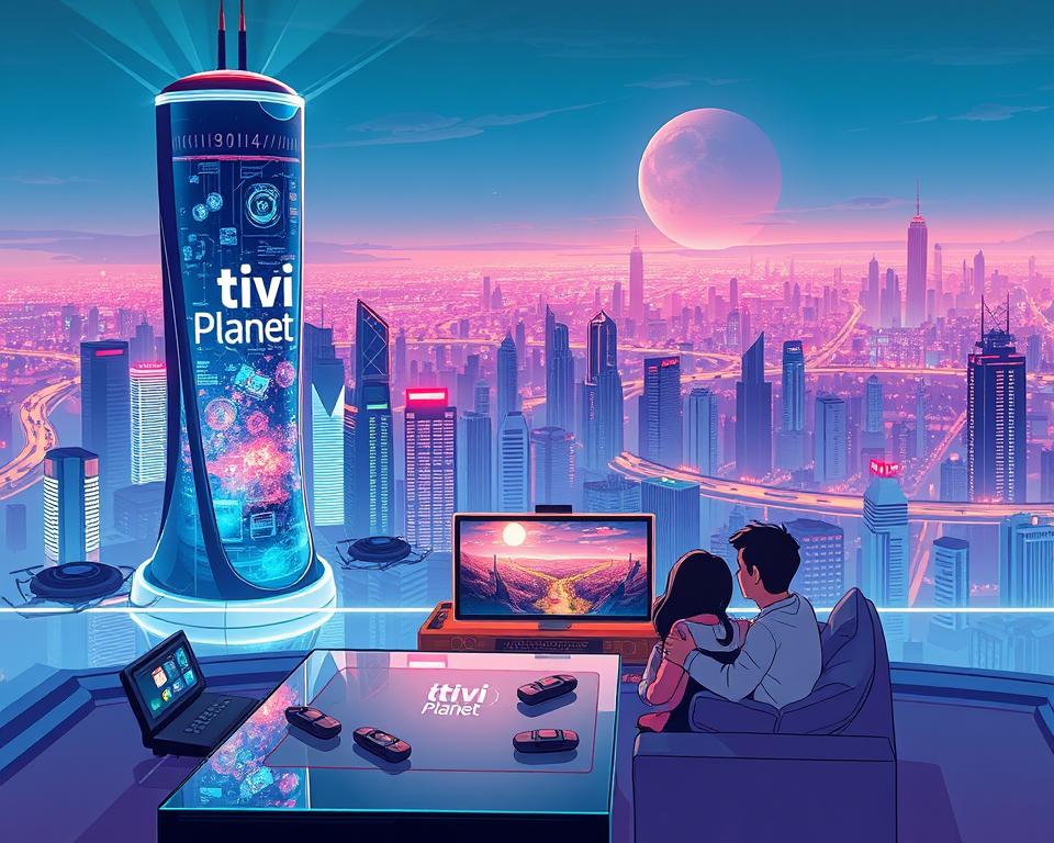 A futuristic cityscape with a towering holographic display showcasing the "Tivi Planet" brand, projecting dynamic visuals and data streams. In the foreground, a sleek, minimalist IPTV interface with intuitive controls hovers above a glass table, reflecting the city's neon-lit skyline. The middle ground features a cozy living room setting, where a family is immersed in the next-generation IPTV experience, their faces illuminated by the vibrant screen. The background reveals a sprawling metropolis, with skyscrapers and hover-vehicles blending seamlessly with advanced communication infrastructure, symbolizing the integration of IPTV into the future of German technology.
