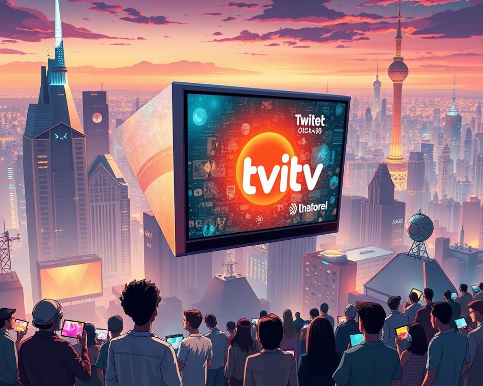 A futuristic cityscape with soaring skyscrapers and holographic displays, bathed in a warm, vibrant glow. In the foreground, a sleek, angular television set emblazoned with the "Tivi Planet" logo hovers, projecting a mesmerizing array of digital content. The middle ground features a diverse array of people, each immersed in their own personal IPTV experiences, their faces illuminated by the glow of their devices. In the background, a bustling metropolis stretches out, its skyline punctuated by towering antennas and satellite dishes, symbolizing the ever-evolving landscape of television and home entertainment. The scene conveys a sense of technological advancement, connectivity, and the seamless integration of IPTV into modern living.