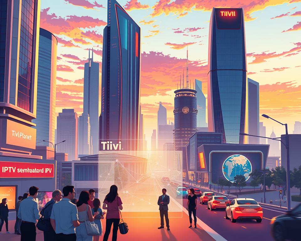 A futuristic cityscape with towering skyscrapers and sleek, high-tech architecture bathed in a warm, vibrant glow. In the foreground, a group of people gathered around a large, holographic display, engaged in a lively discussion about the latest IPTV trends and developments. The middle ground features a busy street scene with autonomous vehicles and pedestrians, all connected to a seamless, next-generation IPTV network branded as "Tivi Planet". In the background, a stunning sunset paints the sky with vibrant hues, creating a sense of optimism and progress. The overall scene conveys the exciting future of IPTV, with cutting-edge technology, innovative services, and a thriving, interconnected community.