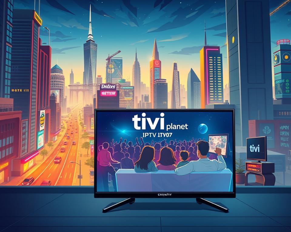 A futuristic cityscape with towering skyscrapers, neon-lit streets, and a bustling urban environment. In the foreground, a sleek and modern television set displaying the Tivi Planet brand logo, showcasing the advanced capabilities of IPTV technology. The middle ground features a family relaxing in their living room, immersed in the vibrant, high-definition content on their IPTV system, contrasting the traditional television setup in the background. The scene is bathed in a warm, futuristic glow, highlighting the superior image quality and interactivity of IPTV compared to traditional cable or satellite television.