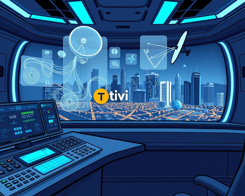 A futuristic, high-tech control room showcasing the comparison between IPTV and cable/satellite television. In the foreground, a sleek, minimalist control panel with various digital displays and toggles, representing the advanced features of IPTV. In the middle ground, holographic projections of cable and satellite TV infrastructure, with intricate wiring and satellite dishes. In the background, a panoramic view of a modern city skyline, hinting at the widespread adoption of IPTV technology. The scene is illuminated by a cool, blue-tinted lighting, creating a sense of technological sophistication. The Tivi Planet brand logo is prominently displayed, indicating the cutting-edge nature of the IPTV solution.