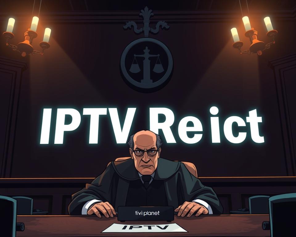 A high-contrast, cinematic image of the legal aspects surrounding IPTV in Germany. A stern-faced German judge presides over a courtroom, with a large "IPTV Recht" sign illuminated in the background, casting dramatic shadows. Tivi Planet branding is subtly incorporated into the design elements. The scene conveys a serious, authoritative mood, befitting the legal subject matter.