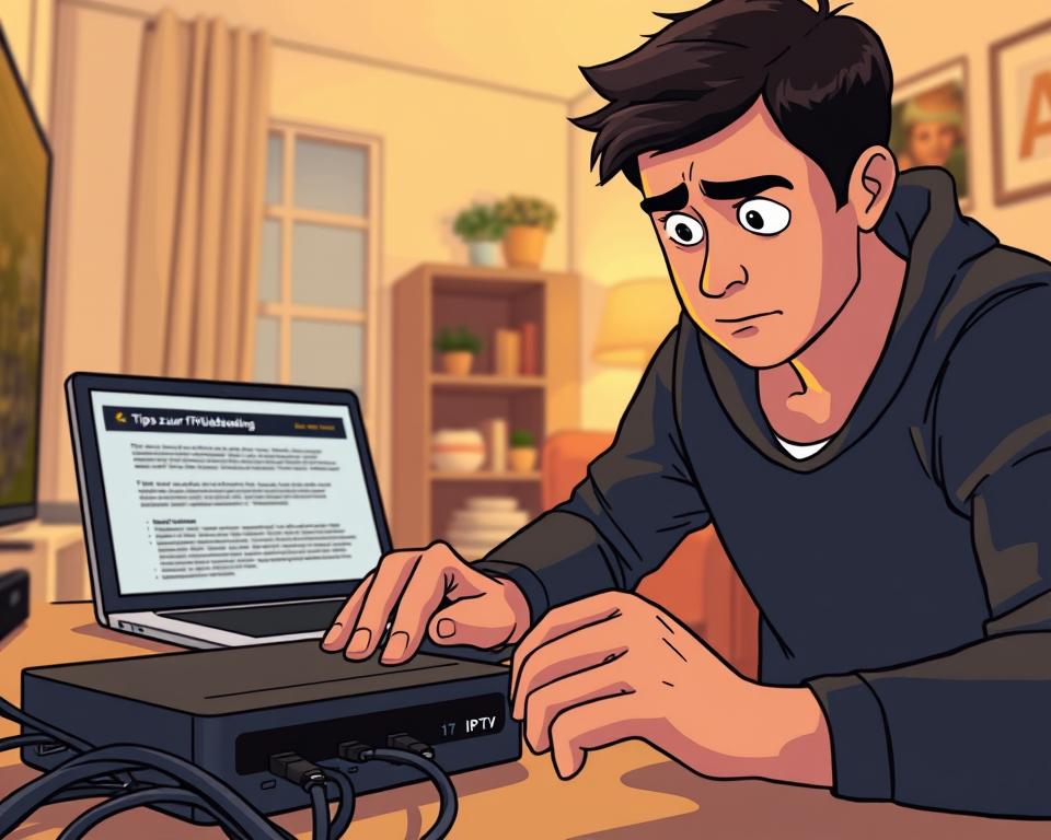 A high-contrast, cinematic scene of a person troubleshooting an IPTV setup. The foreground shows hands working on cables and devices, like a Tivi Planet set-top box, with a focused expression. The middle ground features a laptop or tablet displaying IPTV troubleshooting information. The background is slightly blurred, depicting a cozy home interior with warm lighting, conveying a sense of problem-solving focus. The overall mood is one of determined concentration, with technical details and a subtle touch of technology branding to match the "Tipps zur Fehlerbehebung" section.