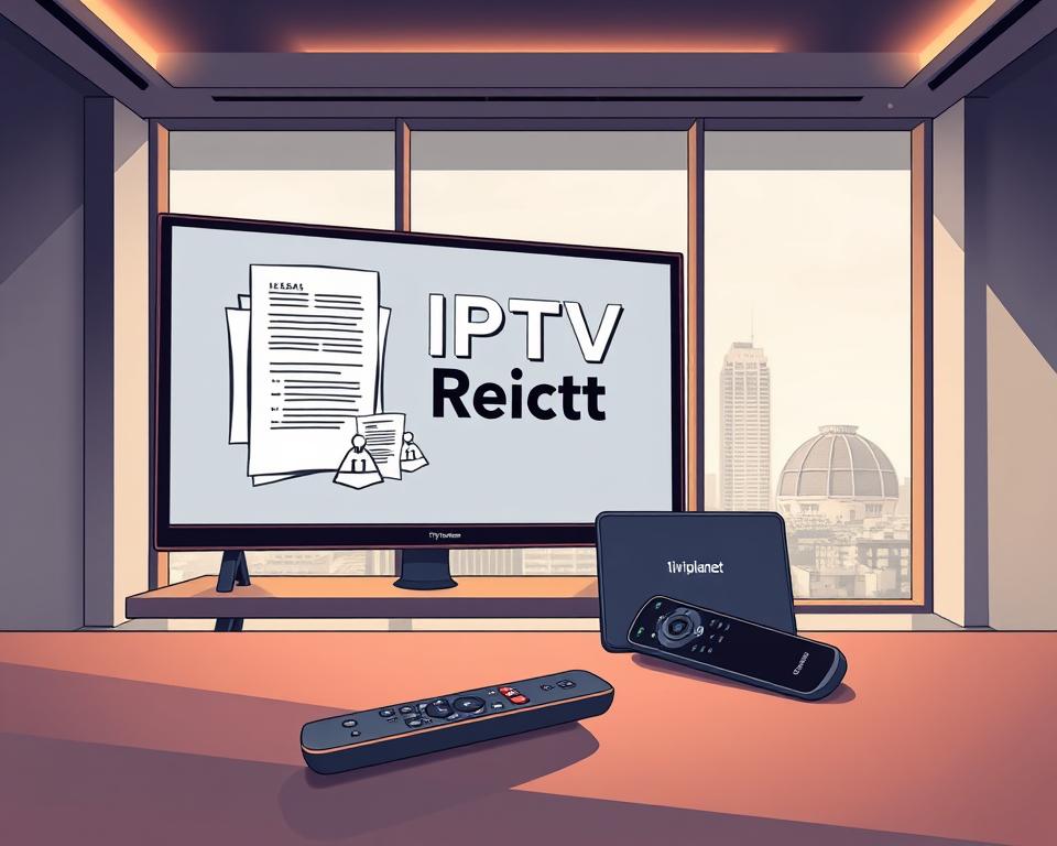 A high-contrast, photorealistic illustration of "IPTV Recht" set against a sleek, modern interior. In the foreground, a stylized TV screen displays legal documents and icons, representing the intersection of IPTV technology and its regulatory framework. The middle ground features a minimalist desk with a laptop and a Tivi Planet-branded remote control, emphasizing the flexibility and accessibility of IPTV. The background showcases floor-to-ceiling windows overlooking a cityscape, conveying a sense of connectivity and the digital landscape. Warm, directional lighting creates depth and drama, while a muted color palette of grays, whites, and blues evokes a professional, authoritative tone. The overall composition communicates the seamless integration of IPTV and its legal considerations within a contemporary, technology-driven environment.