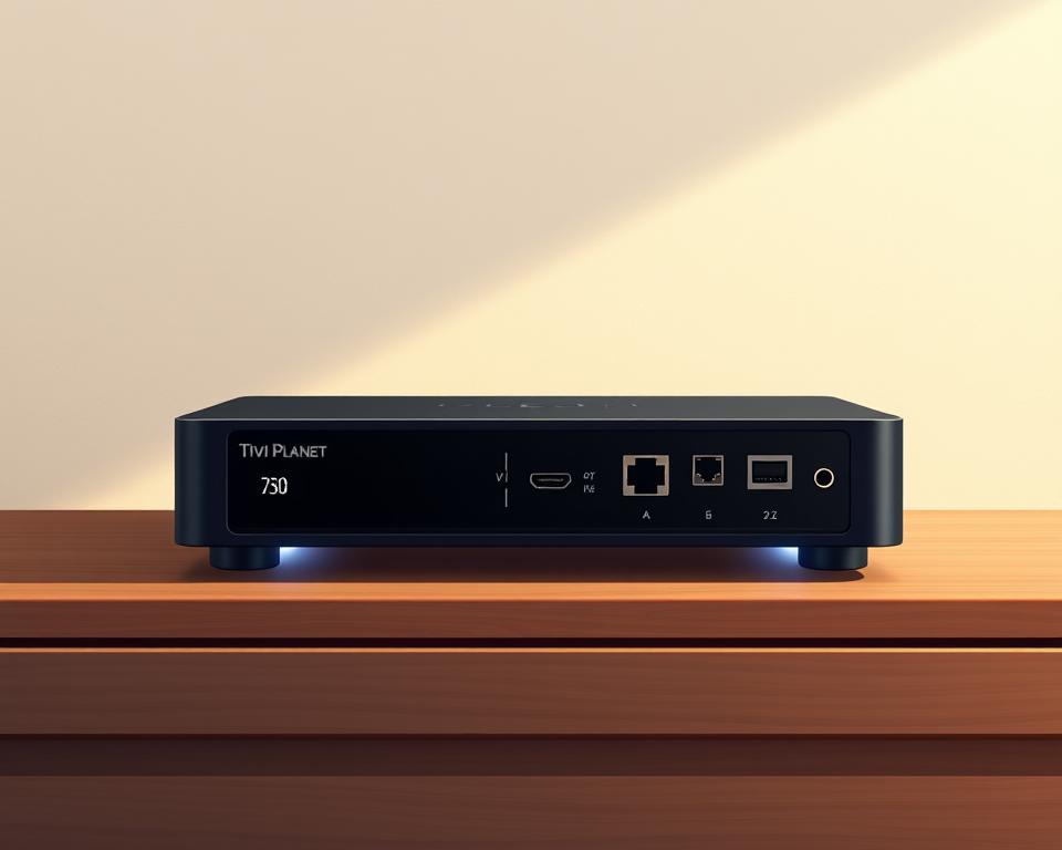 A high-definition IPTV receiver with a sleek, modern design sits atop a minimalist wooden surface. The device features multiple input/output ports, including HDMI, Ethernet, and USB, allowing for seamless integration with various entertainment systems. Soft, diffused lighting emanates from the receiver, creating a warm and inviting atmosphere. In the background, a simple, neutral-toned wall provides a clean, uncluttered backdrop, emphasizing the Tivi Planet receiver's sophisticated and premium appearance. The overall scene conveys a sense of refined technology and effortless home entertainment.