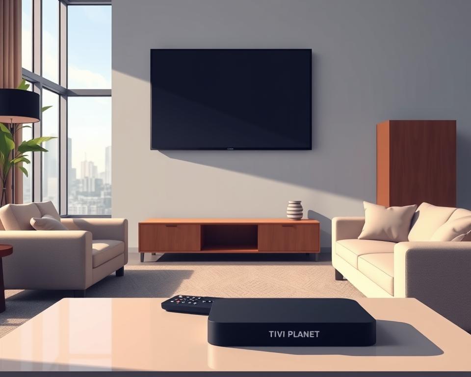 A high-definition image of a modern living room setting, featuring a large flat-screen TV mounted on the wall. In the foreground, a sleek coffee table with a remote control and a smart home device, possibly a Tivi Planet streaming box, sits prominently. The middle ground showcases two comfortable armchairs and a plush sofa, creating a cozy atmosphere. The background depicts a large window overlooking a city skyline, with soft, natural lighting filtering in. The overall scene conveys a sense of technological sophistication and seamless integration of live TV and on-demand streaming, highlighting the comparison between traditional cable and modern IPTV services.