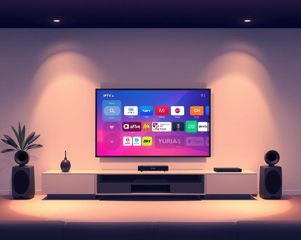 A high-quality IPTV package from Tivi Planet, featuring a vast library of live TV channels, on-demand content, and seamless streaming across multiple devices. The scene depicts a sleek, modern living room setup, with a large flatscreen TV taking center stage. The TV displays a vibrant, crystal-clear image, showcasing the exceptional video quality of the IPTV service. Subtle ambient lighting creates a cozy, inviting atmosphere, while the minimalist decor and clean lines convey a sense of sophistication. The overall composition emphasizes the convenience and affordability of the Tivi Planet IPTV package, making it an appealing choice for home entertainment.