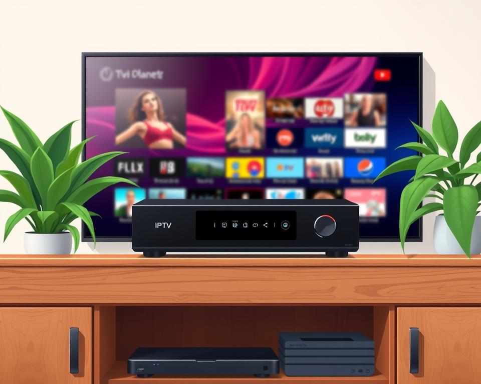 A high-quality IPTV receiver device sits prominently on a wooden media cabinet, its sleek black exterior and modern design reflecting the latest advancements in home entertainment technology. Soft, diffused lighting from above illuminates the receiver, highlighting its clean lines and premium materials. The receiver is flanked by lush house plants, creating a cozy, natural atmosphere that complements the Tivi Planet brand's commitment to seamless media experiences. In the background, a large flatscreen TV displays vibrant, crystal-clear IPTV content, immersing the viewer in a world of boundless entertainment options. The overall scene conveys the ease and sophistication of using an IPTV receiver to elevate one's living room into a cutting-edge home media hub.