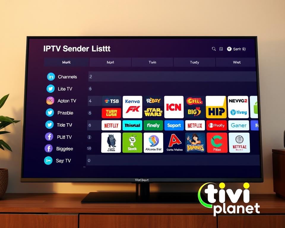 A high-quality IPTV sender list displayed on a modern 4K television screen, with the Tivi Planet logo prominently featured in the lower right corner. The screen shows a sleek and intuitive user interface, with a clean layout and clear categorization of available channels. The image has a warm, natural lighting, captured with a wide-angle lens to showcase the full TV display. The overall atmosphere conveys a sense of simplicity, efficiency, and the enjoyment of premium IPTV content.
