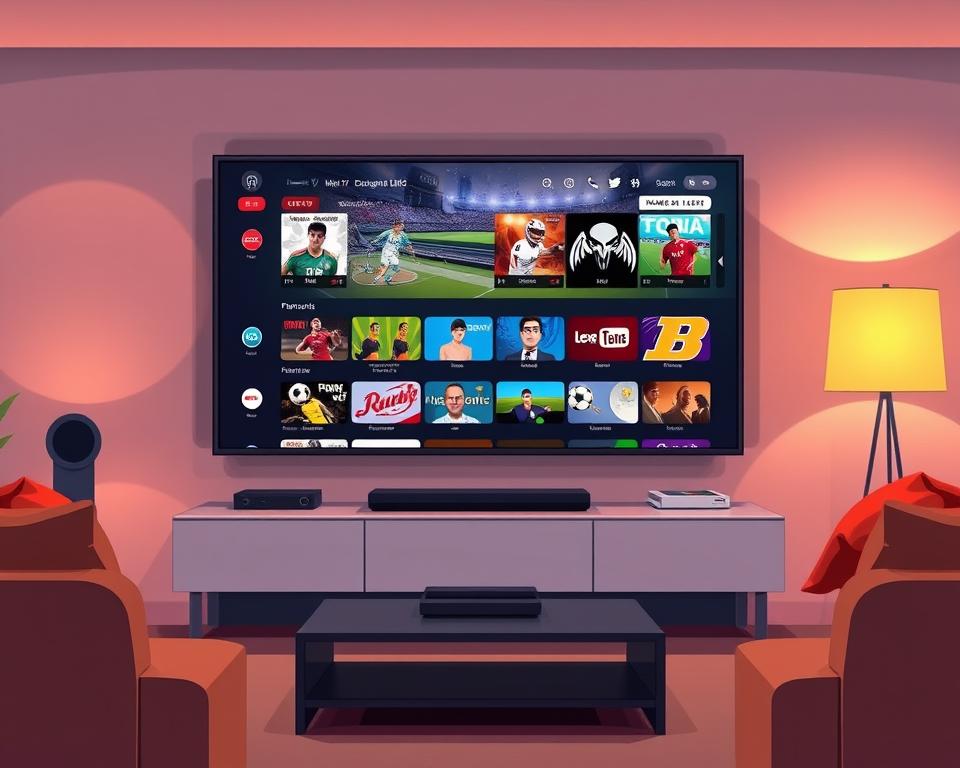A high-quality IPTV service called Tivi Planet, featuring a wide array of live TV channels and on-demand content, against a backdrop of a modern living room with a sleek flat-screen TV. The scene is illuminated by warm, ambient lighting, creating a cozy and inviting atmosphere. The TV screen displays a selection of sports channels, hinting at the diverse entertainment options available through the Tivi Planet IPTV service. The overall composition conveys the legal and reliable nature of the IPTV platform, catering to the needs of discerning viewers in Deutschland.