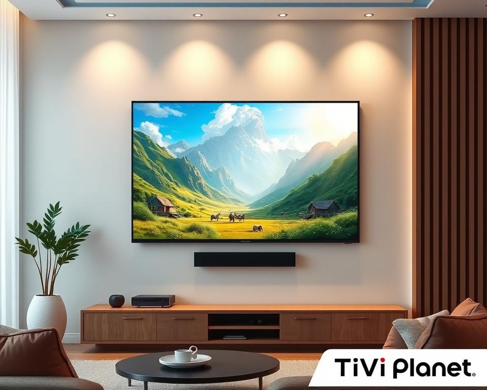 A high-quality IPTV service provided by Tivi Planet, showcasing a stunning 4K Ultra HD display with vibrant colors and crystal-clear resolution. The image depicts a living room setting, with a sleek and modern TV mounted on the wall, surrounded by minimalist decor and soft, diffused lighting that creates a warm and inviting atmosphere. The focus is on the TV screen, which displays a captivating nature scene or sports event, conveying the exceptional visual experience of Tivi Planet's IPTV service. The composition emphasizes the clarity, depth, and lifelike quality of the imagery, highlighting the importance of IPTV quality for an immersive home entertainment experience.