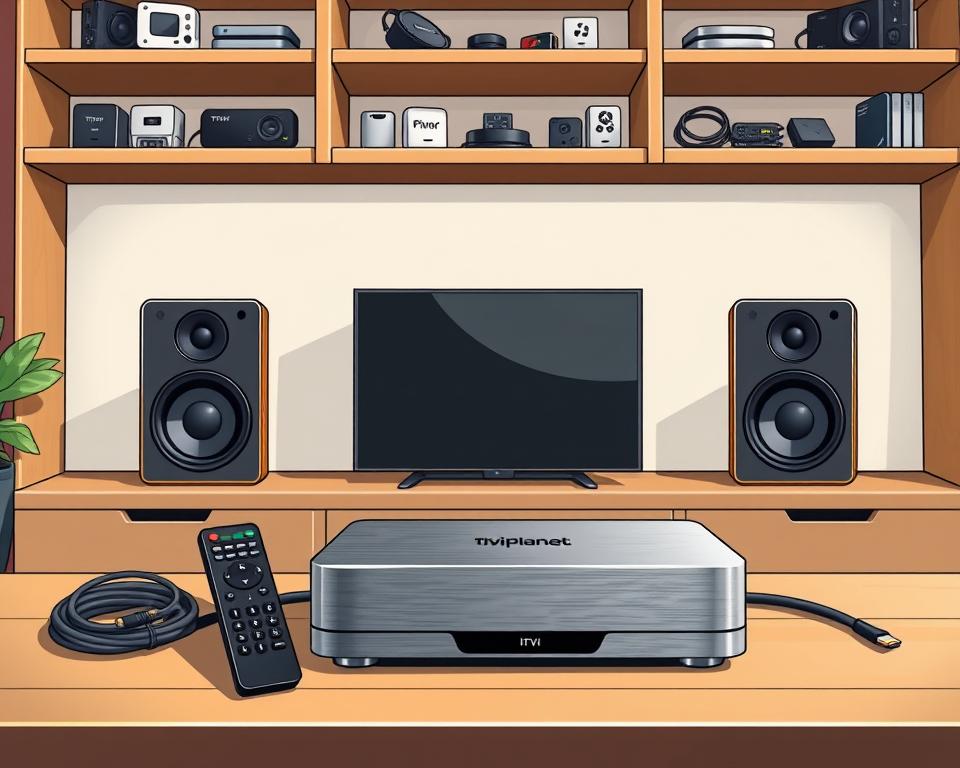 A high-quality IPTV setup with an assortment of Tivi Planet accessories. In the foreground, a sleek IPTV box with a brushed metal finish sits atop a minimalist wooden stand. Nearby, a modern wireless remote control and an HDMI cable coil neatly. In the middle ground, a pair of compact yet powerful stereo speakers flank the setup, their metallic accents complementing the box's design. In the background, shelves display a range of Tivi Planet accessories, including a smart TV dongle, an ethernet adapter, and various cables - all crafted with a keen eye for detail and functionality. The lighting is soft and diffused, creating a warm, inviting atmosphere perfect for an immersive home entertainment experience.