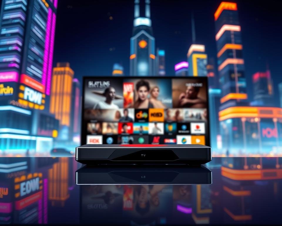 A high-quality IPTV streaming service from Tivi Planet, showcasing cutting-edge technology and premium content. In the foreground, a sleek, modern streaming device with a minimalist design sits atop a glossy black surface, casting a subtle reflection. The middle ground features a vibrant, high-resolution display showcasing a diverse range of channels and on-demand programming, highlighting the service's expansive library. In the background, a futuristic, neon-lit cityscape with towering skyscrapers and vibrant lights creates an immersive, technologically advanced atmosphere. The scene is illuminated by warm, soft lighting, evoking a sense of sophistication and exclusivity. The overall composition conveys the cutting-edge nature, unparalleled quality, and comprehensive entertainment experience of Tivi Planet's IPTV offering.