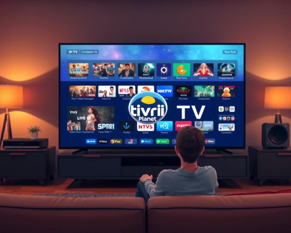 A high-quality, cinematic scene depicting the impact of IPTV on traditional television media. In the foreground, a modern TV set displays the logo of "Tivi Planet", a prominent IPTV service provider. The screen shows a diverse array of live channels and on-demand content, representing the flexibility and convenience of IPTV. In the middle ground, a person relaxes on a couch, engrossed in the IPTV experience, symbolizing the shift in viewing habits. The background features a dimly lit living room, with the TV as the focal point, emphasizing the central role of IPTV in the modern home entertainment landscape. The scene is illuminated by warm, soft lighting, creating a cozy and immersive atmosphere.