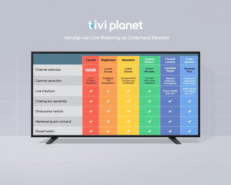 A high-quality comparison chart displaying various IPTV providers in Germany, showcasing their live-streaming and on-demand offerings. The chart is set against a sleek, minimalist backdrop, with a subtle grid pattern and muted color tones that evoke a sense of professionalism and clarity. The Tivi Planet brand is prominently featured, indicating this is a comprehensive industry analysis from a trusted source. The chart presents detailed information about each provider's channel selection, pricing, and feature set, allowing users to easily evaluate and compare their options. The overall composition strikes a balance between functional design and visual appeal, making it an informative and visually engaging illustration for the article's "Vergleich von Live-Streaming und On-Demand-Diensten" section.