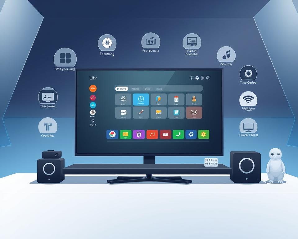 A high-quality, detailed image of "IPTV Funktionen" showcasing the various features and services offered by the Tivi Planet IPTV platform. The image depicts a sleek, modern interface with a clean, minimal design. In the foreground, various icons and visual elements represent the key IPTV functions, such as live TV streaming, video-on-demand, time-shifting, and multi-device compatibility. The middle ground features a large central display showing a user-friendly menu or dashboard, highlighting the platform's intuitive navigation and customization options. The background subtly suggests a technologically advanced setting, with subtle gradients and geometric patterns evoking a sense of digital sophistication. The overall mood is one of streamlined efficiency, cutting-edge technology, and a seamless user experience, reflecting the advanced capabilities of the Tivi Planet IPTV service.