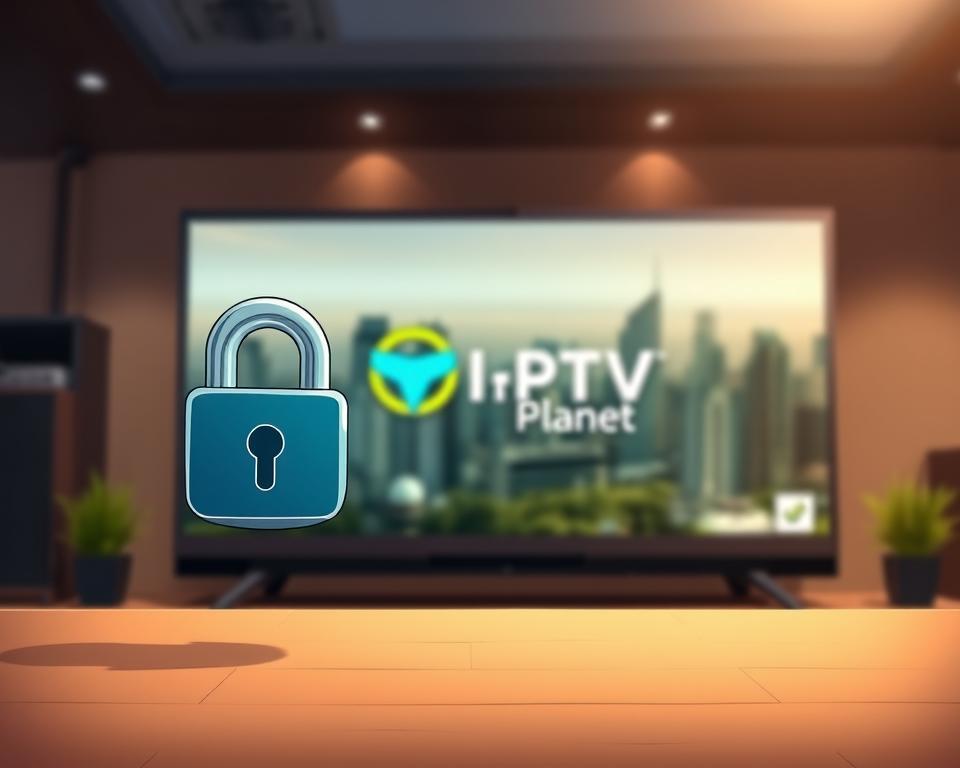 A high-quality, detailed image of "IPTV Sicherheit" with a focus on security and protection for the IPTV service. In the foreground, a sturdy lock icon symbolizes the secure and protected nature of the IPTV service. In the middle ground, a sleek, modern digital display showcases the Tivi Planet brand, indicating a reliable and trustworthy IPTV provider. The background features a blurred cityscape, suggesting the widespread accessibility and convenience of the IPTV service. The lighting is soft and warm, creating a sense of comfort and reassurance. The overall mood is one of safety, security, and dependability.