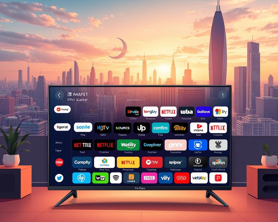 A high-quality, detailed image of the "Tivi Planet" IPTV app ecosystem. In the foreground, a sleek, modern smart TV display showcases the Tivi Planet app interface, with a clean, intuitive layout and a variety of content categories. In the middle ground, a collection of various IPTV app icons and logos, including popular streaming services, sports channels, and on-demand content providers. In the background, a cityscape with skyscrapers and futuristic architecture, representing the global reach and connectivity of the IPTV platform. The scene is bathed in a warm, soft lighting, creating a sense of comfort and technology. The overall composition conveys the comprehensive, user-friendly, and cutting-edge nature of the Tivi Planet IPTV solution.