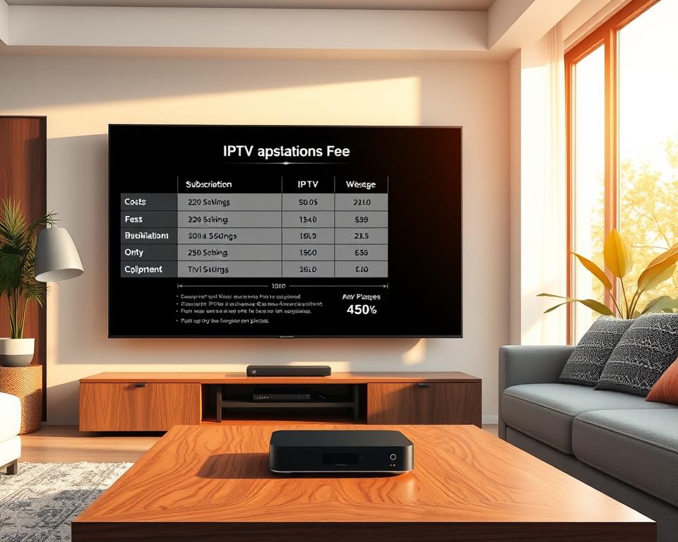 A high-quality photorealistic image of a modern living room interior, with a large flatscreen TV mounted on the wall. The TV screen displays a detailed infographic showing the various costs and fees associated with IPTV services, including subscription plans, equipment rental, and any additional charges. The infographic is clean, well-designed, and easy to understand. In the foreground, a stylish wooden coffee table holds a Tivi Planet media streaming device. The room is bathed in warm, diffused lighting from a large window, creating a cozy and inviting atmosphere. The overall scene conveys a sense of domestic comfort and technological sophistication.